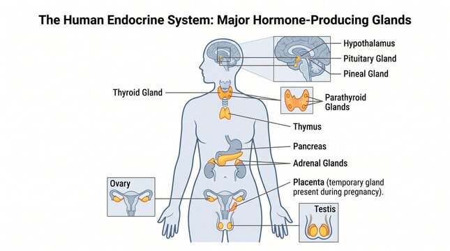 Human Endocrine System Diagram Showing Major Hormone Producing Glands