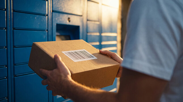 Person delivering cardboard parcel package into automated blue metal smart