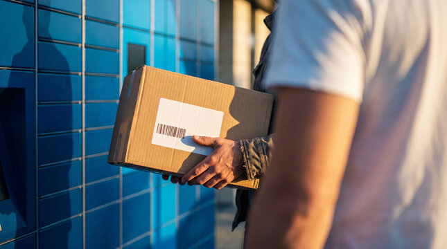 Person holding cardboard package before using automated parcel locker terminal