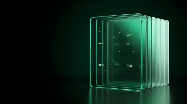 Glowing green transparent glass plates with digital interface elements. Concept of data storage architecture and software development dashboard mockup.