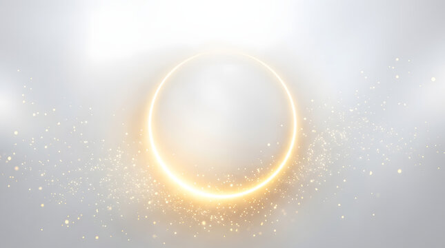 Golden Ring of Light: A radiant golden ring glows against a soft, ethereal background, surrounded by a cascade of sparkling particles. This image evokes a sense of magic and sophistication.