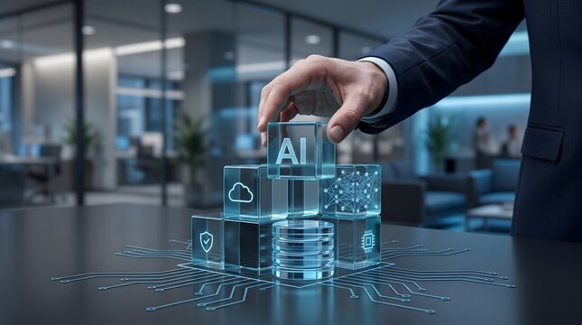 Businessman hand stacking glass cubes with glowing AI text. Concept of enterprise software architecture and cloud database integration.