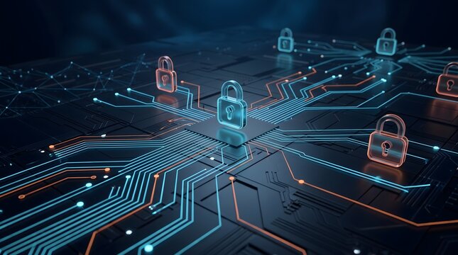 Central microchip with glowing padlock icon connected via circuit lines. Concept of distributed network cybersecurity and blockchain encryption.