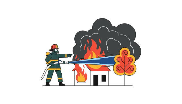 Brave firefighter spraying water from a hose to extinguish a fire on a burning house in stylized vector illustration.
