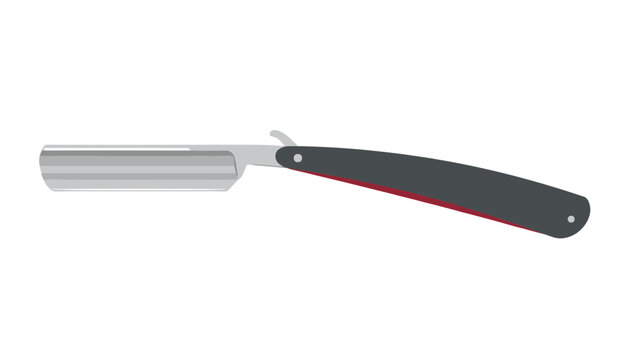 Classic straight razor blade with a black handle isolated on a plain white background in clean flat vector style.