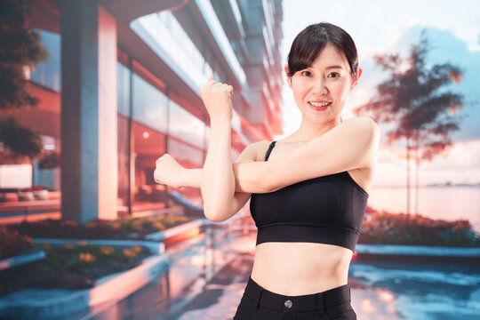 リゾートでストレッチをする女性
