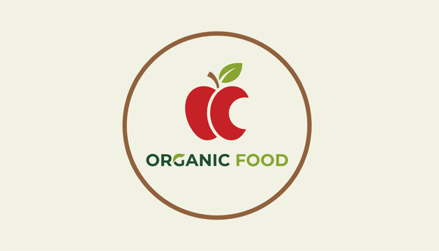 Green and red apple logo badge representing organic food on an off-white background with a circular brown frame.