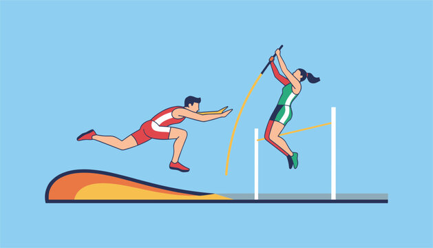 Professional athletes compete in track and field events including pole vault and long jump on a blue background.