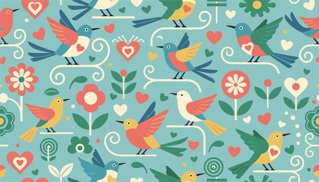 Cute seamless pattern of colorful birds, spring flowers, and hearts printed on a soft teal blue background.