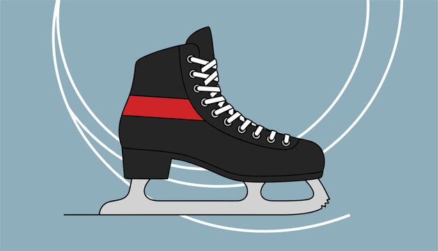 Black figure ice skate with a red stripe and white laces over a blue background with swirling speed lines.