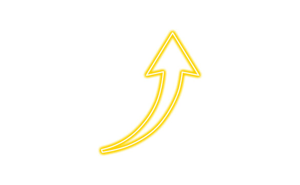 Glowing yellow neon arrow pointing upwards isolated on transparent background