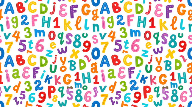 Alphabet and Numbers Wonderland: A vibrant and playful pattern featuring a colorful assortment of English alphabet letters and Arabic numerals.
