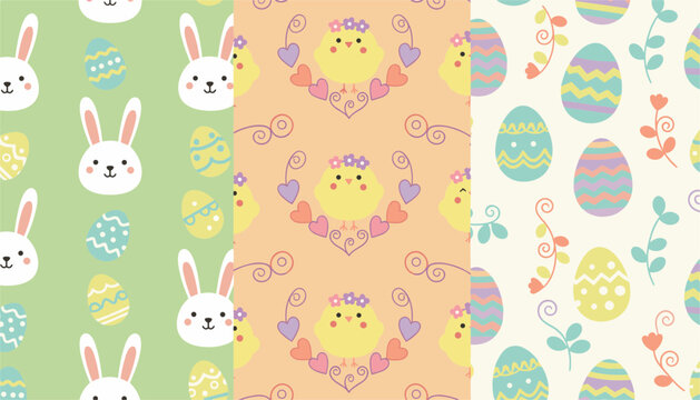 Beautiful three panel easter pattern featuring cute rabbits, yellow chicks, and colorful decorated eggs.
