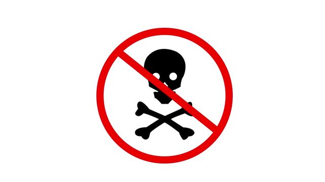 skull of caution Inside red Prohibition Circle on white background, Dangerous or Restricted Warning Symbol. indicating danger or toxicity, commonly used for hazardous materials. 4k video animation