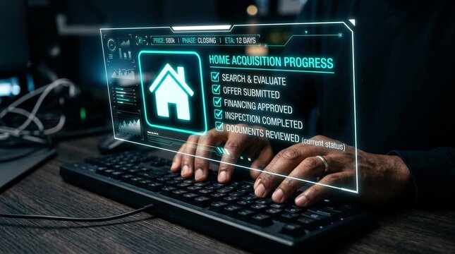 Man Using Futuristic Digital Interface Tracking Home Acquisition Progress and Real Estate Process