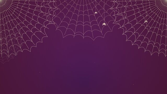 Halloween purple background with spider webs and spiders hanging from the top corners, festive spooky holiday design template for greeting cards and party invitations