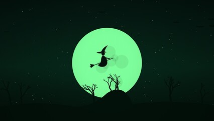 Silhouette of a witch flying on a broomstick against a large glowing green moon in a dark starry night sky with bare trees on a hill