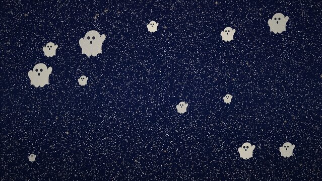 Seamless pattern with cute ghosts on a dark blue starry night sky background, halloween wallpaper, festive textile print, spooky holiday design, vector illustration
