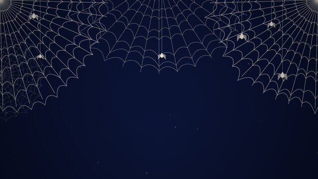 Halloween background with spider webs and spiders hanging from the top corners on a dark blue background