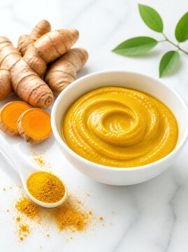 Natural Turmeric Facial Mask with Fresh Turmeric Root and Turmeric Powder on White Background