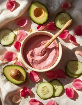 Natural Pink Facial Skincare Mask with Avocado, Cucumber and Rose Petals on Fabric
