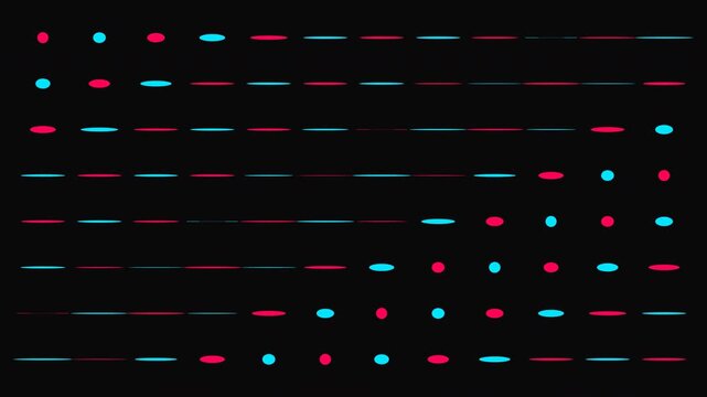 Abstract digital background featuring a grid of red and blue neon lines and dots pulsing rhythmically on a black field.