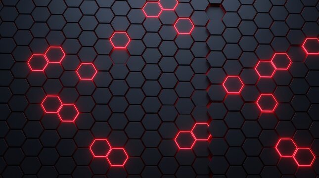 Futuristic dark hexagonal grid pattern with glowing red neon light accents creating high tech background for cyber security and advanced computer hardware technology presentation