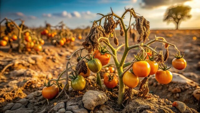 A withered yellowing tomato plant stands amidst parched soil ravaged by tswvs insidious virulent grip