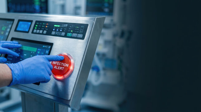 Antimicrobial resistance testing concept with infection alert button pressed on medical control panel showing urgent health safety measure