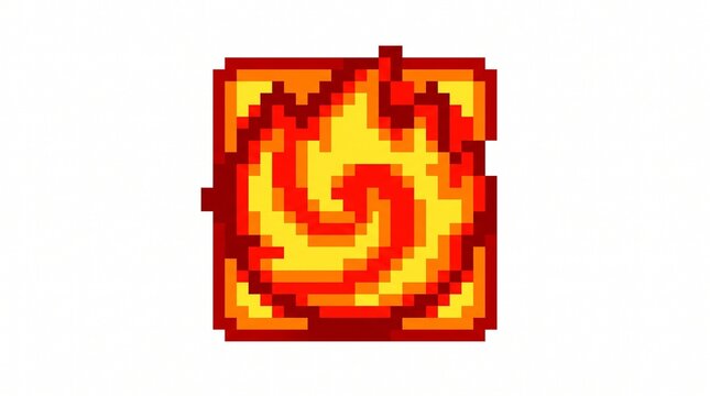 8-bit pixel art of a burning red flame elemental magic symbol isolated on white.