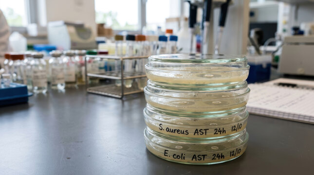 Antimicrobial resistance testing with petri dish culture for bacteria including E. coli and S. aureus in laboratory setting for research