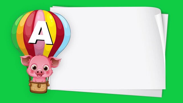Cartoon Pig in Hot Air Balloon with Blank White Banner