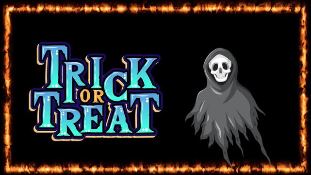 Animated Trick or Treat Text with Floating Ghost and Fire Frame