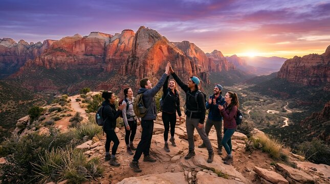 Group of diverse friends aged 47 and 49 celebrating together on mountain cliff during golden sunset