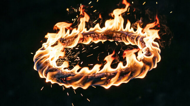 A blazing circular ring of fire swirls with intense orange flames against a black backdrop.