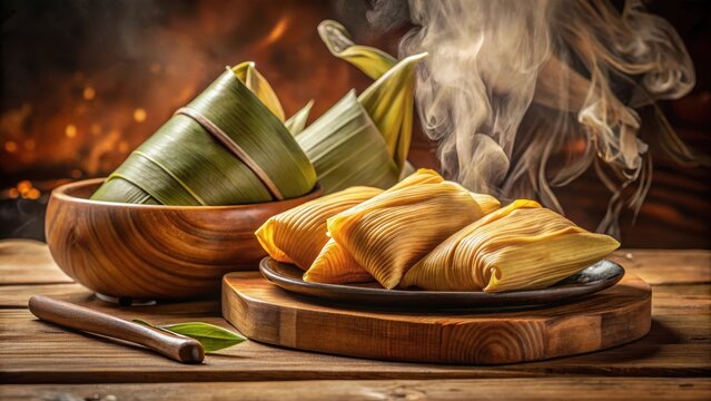 A steaming goldenbrown pamonha sits delicately on a vintage wooden platter aromas of sizzling corn enticing the senses