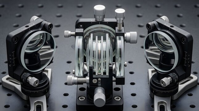 Optical laboratory equipment on breadboard. Precision laser physics experiment setup.