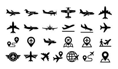 Fototapeta premium Aviation Airplane Flight Travel Airport Transport and Map Pointer Glyph Vector Set