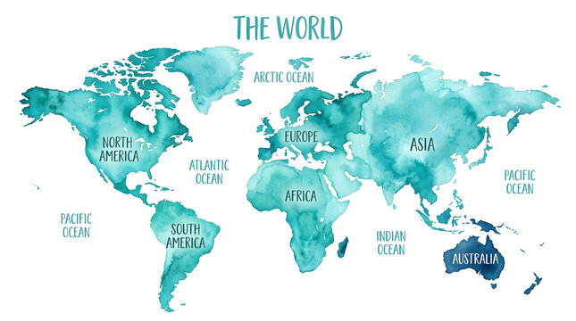 Watercolor World Map: An artistic watercolor depiction of the world map, featuring continents and oceans in soothing shades of blue and green. Perfect for educational and travel-themed projects.