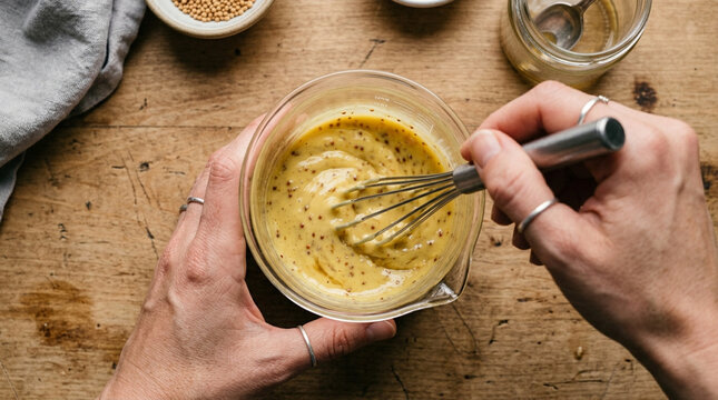 Homemade Mustard Preparation: Whisking Ingredients in Glass Bowl