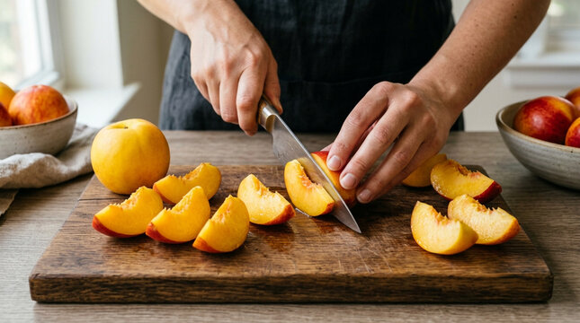 Woman's Hands Slicing Fresh Peaches on Wooden Board