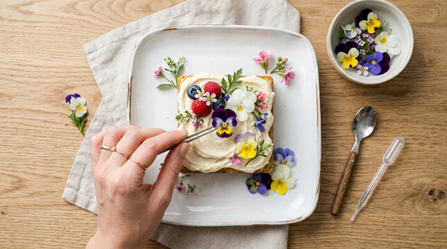 Edible Flowers Decoration on Cream Cheese Toast with Berries