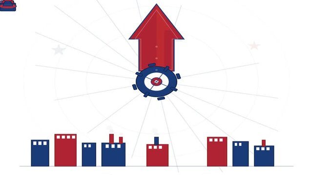 A video showcasing a red arrow pointing upwards with a gear and bar graphs in a business setting