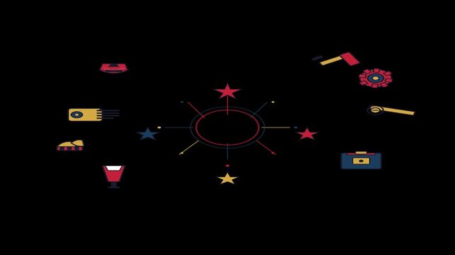 A video showcasing various colorful objects floating in mid-air against a black background