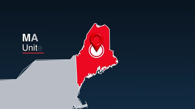Maine state location map animation with red pin locator motion graphic