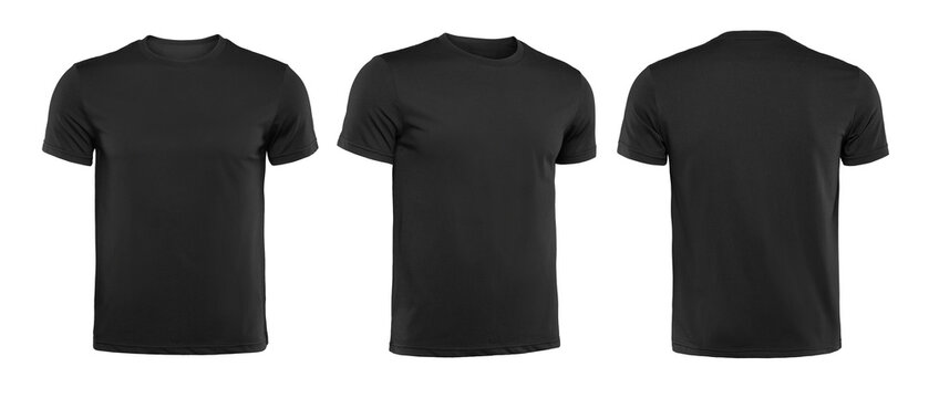 Blank black men t-shirt mockup set showing front angle and back view isolated on white background