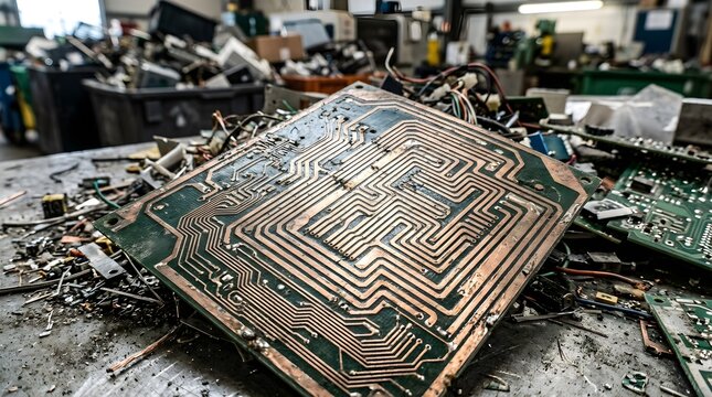 Electronic circuit board waste in recycling facility with recycling electronic technology computer hardware pollution disposal industry components environment sustainability management