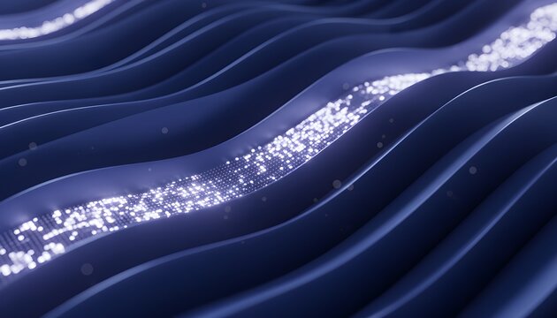 Textured foil glowing neon wave background. Abstract rough 3D material surface stream for futuristic elegant metallic canvas, dynamic modern backdrop, and digital technology communication.