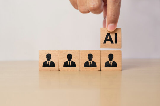 Artificial intelligence transforming human resources. AI wooden blocks placed among human icons. Workforce transformation, digital transformation, and human resources concept.