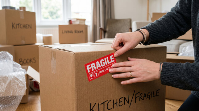 Person applying fragile sticker on moving box in a living room  